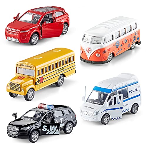 KIDAMI Die-cast Metal Toy Cars Set of 5, Openable Doors, Pull Back Car, Gift Pack for Kids (Official Car)