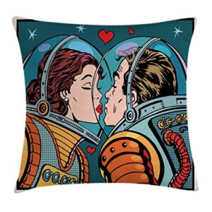 ambesonne love throw pillow cushion cover, space man and woman astronauts kissing science cosmos couple pop art design print, decorative square accent pillow case, 20" x 20", orange teal