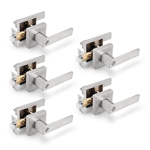 Gobrico 5 Pack Satin Nickel Square Door Levers with Privacy Lock,for Bedroom and Bathrom,Zinc Alloy Made Heavy Duty