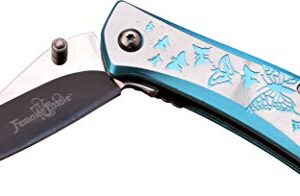 Femme Fatale – Spring Assisted Open Folding Pocket Knife – Black/Satin Finish Stainless Steel Blade, Blue/Silver Aluminum Handle w/ Butterflies, Pocket Clip, EDC, Self Defense – FF-A010LB