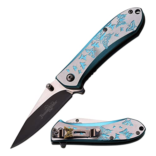 Femme Fatale – Spring Assisted Open Folding Pocket Knife – Black/Satin Finish Stainless Steel Blade, Blue/Silver Aluminum Handle w/ Butterflies, Pocket Clip, EDC, Self Defense – FF-A010LB