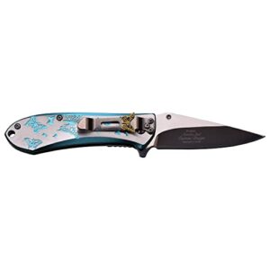 Femme Fatale – Spring Assisted Open Folding Pocket Knife – Black/Satin Finish Stainless Steel Blade, Blue/Silver Aluminum Handle w/ Butterflies, Pocket Clip, EDC, Self Defense – FF-A010LB