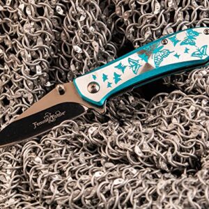 Femme Fatale – Spring Assisted Open Folding Pocket Knife – Black/Satin Finish Stainless Steel Blade, Blue/Silver Aluminum Handle w/ Butterflies, Pocket Clip, EDC, Self Defense – FF-A010LB