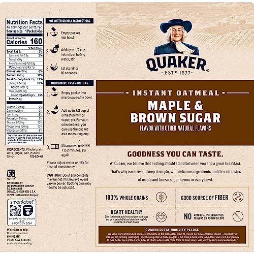 Quaker Instant Oatmeal, Maple & Brown Sugar, Individual Packets, 1.51 Ounce (Pack of 48)