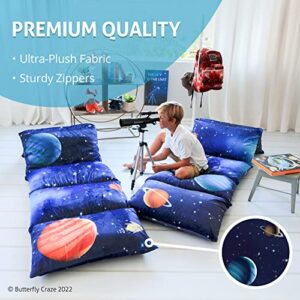 Butterfly Craze Floor Pillow Case, Mattress Bed Lounger Cover, Galaxy Blue, Queen, Cozy Seating Solution for Kids & Adults, Recliner Cushion, for Reading, TV Time, Sleepovers, & Toddler Nap Mat