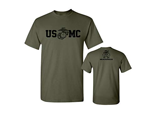 Lucky Ride Marine Corps Bull Dog Front & Back USMC Mens Military T-Shirt,Military Green,2XL