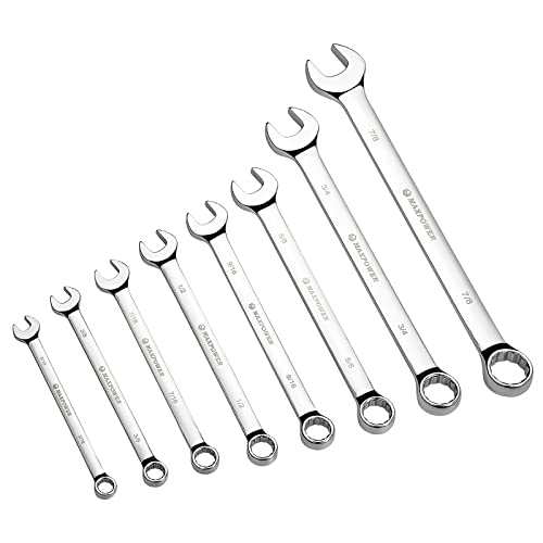 MAXPOWER 8PCS SAE Combination Wrench Set, Professional Open and Box End Spanners with Mirror Finish, Made with Forged and Heat-Treated Cr-V Steel, 12-Point Design, Size Includes 5/16in - 7/8in