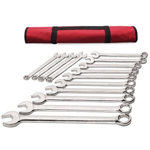 14-piece premium extra long large size sae inch combination wrench set, fractional sizes from 3/8” up to 1-1/4” with roll-up pouch | chrome vanadium steel, mirror chrome finish, unique v-groove design