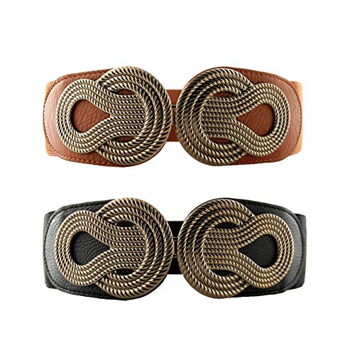 VOCHIC 2pcs Vintage Basic Stretchy Elastic Wide Waist Belt for Womens Dress Metal Interlock Buckle