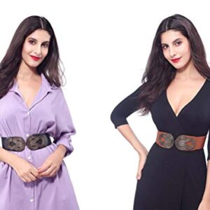 VOCHIC 2pcs Vintage Basic Stretchy Elastic Wide Waist Belt for Womens Dress Metal Interlock Buckle