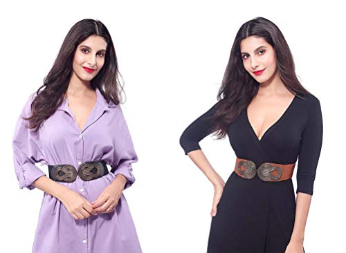 VOCHIC 2pcs Vintage Basic Stretchy Elastic Wide Waist Belt for Womens Dress Metal Interlock Buckle