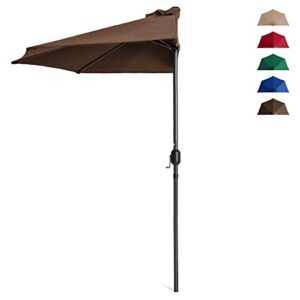 best choice products 9ft steel half patio umbrella for backyard, deck, garden w/ 5 ribs, crank mechanism, uv- and water-resistant fabric - brown