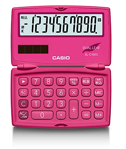 Casio SL-C100C-RD-N Colorful Calculator, Vivid Pink, 10 Digits, Folding Notebook Type