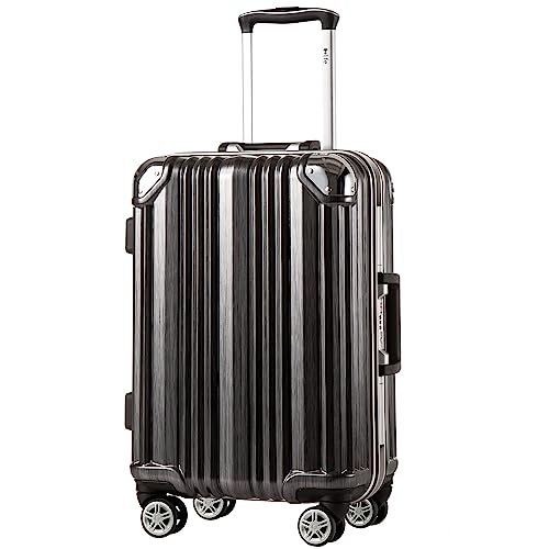 Coolife Luggage Aluminium Frame Suitcase TSA Lock 100% PC 20in 24in 28in (Black, M(24in))