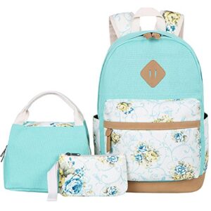 bluboon canvas school backpack set 3 pieces lightweight teen girls bookbags insulated lunch bag pencil case (water green-flower)
