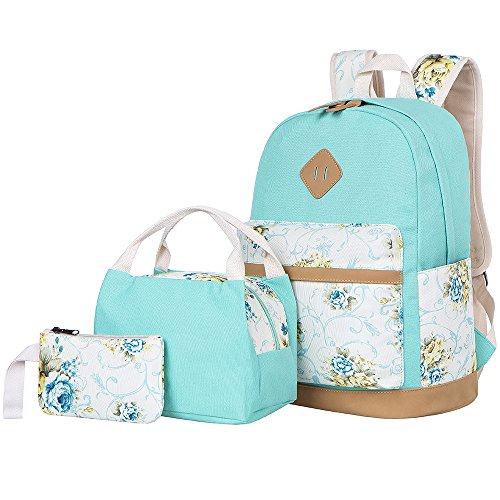 Bluboon Canvas School Backpack Set 3 Pieces Lightweight Teen Girls Bookbags Insulated Lunch Bag Pencil Case (Water Green-flower)