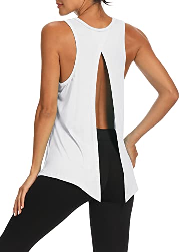 Bestisun Women's Yoga Workout Tank - Tie Back Athletic Gym Top, Activewear Muscle Shirt - White, Small