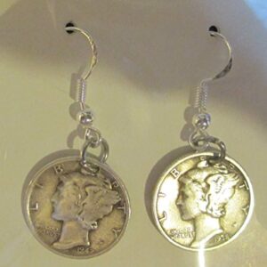 Mercury Dime (900 Silver) Earings with 925 Sterling Silver Earrings Hook Coil Ear Wires & Gift Bag