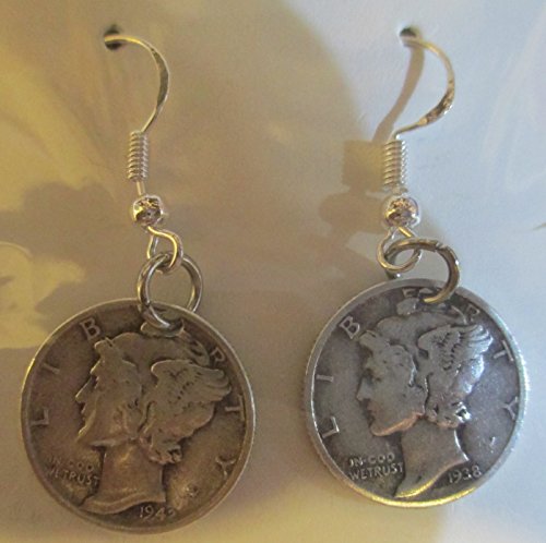 Mercury Dime (900 Silver) Earings with 925 Sterling Silver Earrings Hook Coil Ear Wires & Gift Bag