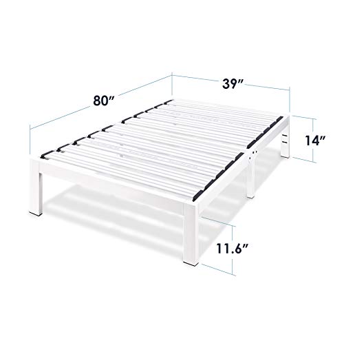 Mellow Rocky Base E 14" Platform Bed Heavy Duty Steel White, w/ Patented Wide Slats (No Box Spring Needed)- Twin XL