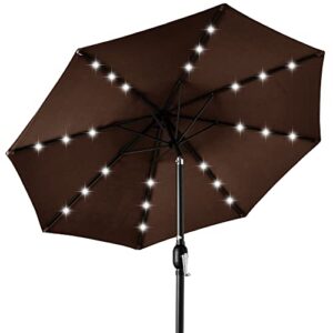 best choice products 10ft solar powered aluminum polyester led lighted patio umbrella w/tilt adjustment and uv-resistant fabric - brown