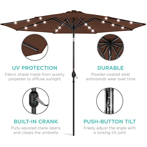 Best Choice Products 10ft Solar Powered Aluminum Polyester LED Lighted Patio Umbrella w/Tilt Adjustment and UV-Resistant Fabric - Brown