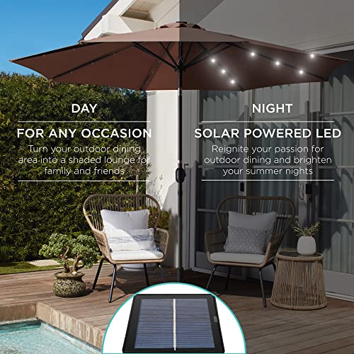 Best Choice Products 10ft Solar Powered Aluminum Polyester LED Lighted Patio Umbrella w/Tilt Adjustment and UV-Resistant Fabric - Brown