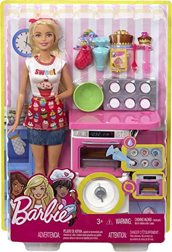 Barbie Bakery Chef Doll & Playset, Toy Oven with 'Timer' Sound, Rising Desserts, Color-Change & Cooking Accessories