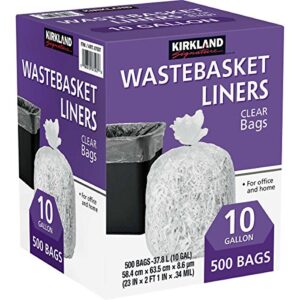 500-count of 10 gallon kirkland signature clear wastebasket liner for office and home, made in usa