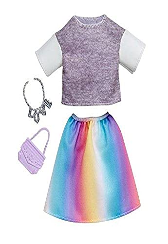 Barbie Fashions Complete Look Gray Top & Rainbow Skirt Set