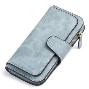 wallet for women pu leather clutch purse bifold long designer ladies checkbook multi credit card holder organizer with coin zipper pocket light blue