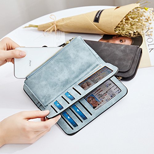 Wallet for Women PU Leather Clutch Purse Bifold Long Designer Ladies Checkbook Multi Credit Card Holder Organizer with Coin Zipper Pocket Light Blue