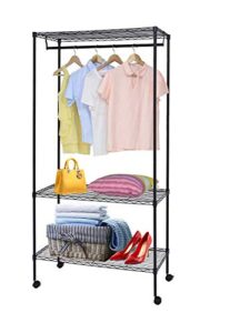karmas product 3 tiers wire garment rack with hanger bar wheels, heavy duty clothes rack portable clothes wardrobe compact extra large armoire storage rack metal clothing rack