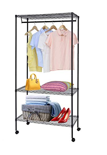 KARMAS PRODUCT 3 Tiers Wire Garment Rack with Hanger Bar Wheels, Heavy Duty Clothes Rack Portable Clothes Wardrobe Compact Extra Large Armoire Storage Rack Metal Clothing Rack