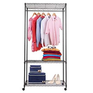 KARMAS PRODUCT 3 Tiers Wire Garment Rack with Hanger Bar Wheels, Heavy Duty Clothes Rack Portable Clothes Wardrobe Compact Extra Large Armoire Storage Rack Metal Clothing Rack