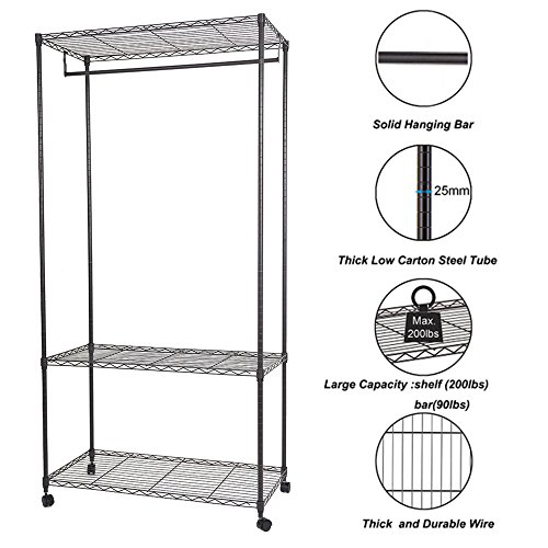 KARMAS PRODUCT 3 Tiers Wire Garment Rack with Hanger Bar Wheels, Heavy Duty Clothes Rack Portable Clothes Wardrobe Compact Extra Large Armoire Storage Rack Metal Clothing Rack