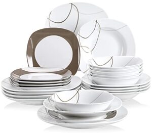 veweet, series nikita, plates and bowls sets for 6, square dinnerware sets, 24 piece dish modern plate set, minimalist brown lines crockery set