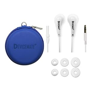 devicemate in-ear headphones, wired earbuds, ergonomic earphones. stereo, noise isolating, comfort fit, durable quality, compatible with apple & android devices. no mic. blue earbud case
