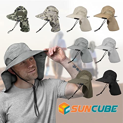 SUN CUBE Wide Brim Sun Hat with Neck Flap, Fishing Hiking for Men Women Safari, Neck Cover for Outdoor Sun Protection UPF50+ | Gray