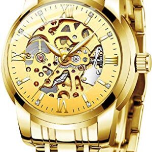 Mens Watches Gold Mechanical Automatic Self-Winding Stainless Steel Skeleton Luxury Waterproof Diamond Dial Wrist Watches for Men