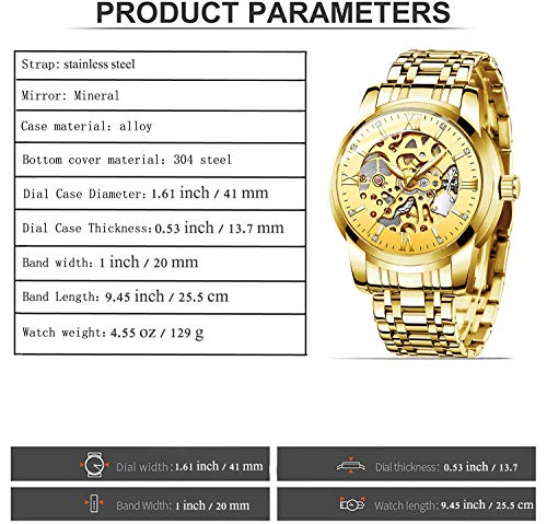 Mens Watches Gold Mechanical Automatic Self-Winding Stainless Steel Skeleton Luxury Waterproof Diamond Dial Wrist Watches for Men