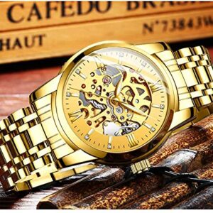 Mens Watches Gold Mechanical Automatic Self-Winding Stainless Steel Skeleton Luxury Waterproof Diamond Dial Wrist Watches for Men