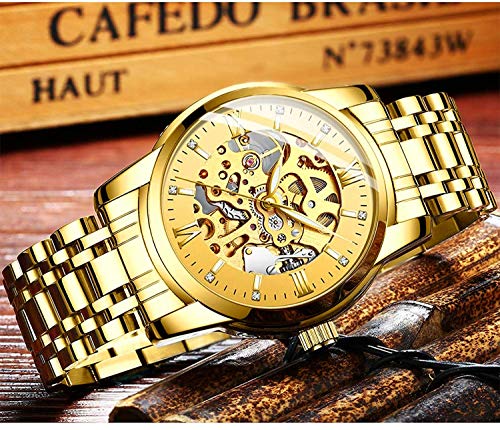 Mens Watches Gold Mechanical Automatic Self-Winding Stainless Steel Skeleton Luxury Waterproof Diamond Dial Wrist Watches for Men