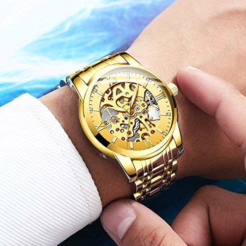 Mens Watches Gold Mechanical Automatic Self-Winding Stainless Steel Skeleton Luxury Waterproof Diamond Dial Wrist Watches for Men