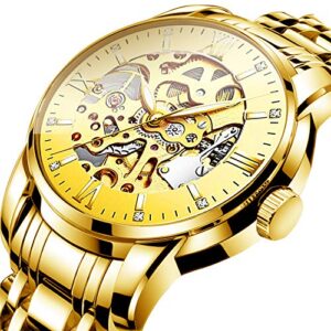 Mens Watches Gold Mechanical Automatic Self-Winding Stainless Steel Skeleton Luxury Waterproof Diamond Dial Wrist Watches for Men