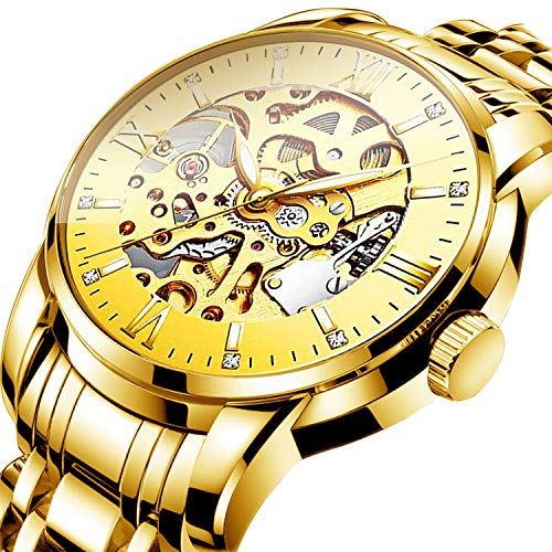 Mens Watches Gold Mechanical Automatic Self-Winding Stainless Steel Skeleton Luxury Waterproof Diamond Dial Wrist Watches for Men