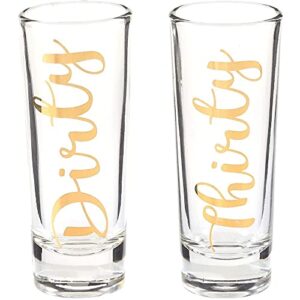 blue panda novelty birthday gift - dirty thirty shot glasses pair with gold foil print for celebrating turning 30, party favors- set of 2, 2 oz each