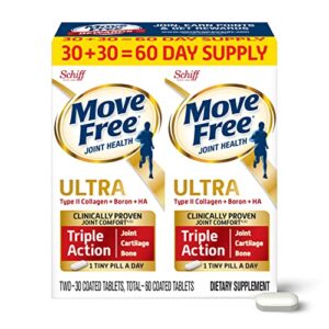 move free ultra triple action joint support supplement - type ii collagen boron & hyaluronic acid - supports joint comfort, cartiliage & bones in 1 tiny pill per day, 2x30ct bottles (60 servings)*