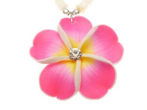 aloha passion pink w/c.z. stone fimo flower on white clam shell necklace 18"