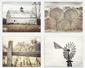lisa russo fine art - farmhouse wall decor set of 4 country rustic landscape photographs - barn, fence, hay, windmill - set of 4 - not framed - beige, tan, white (4 8x10 prints)